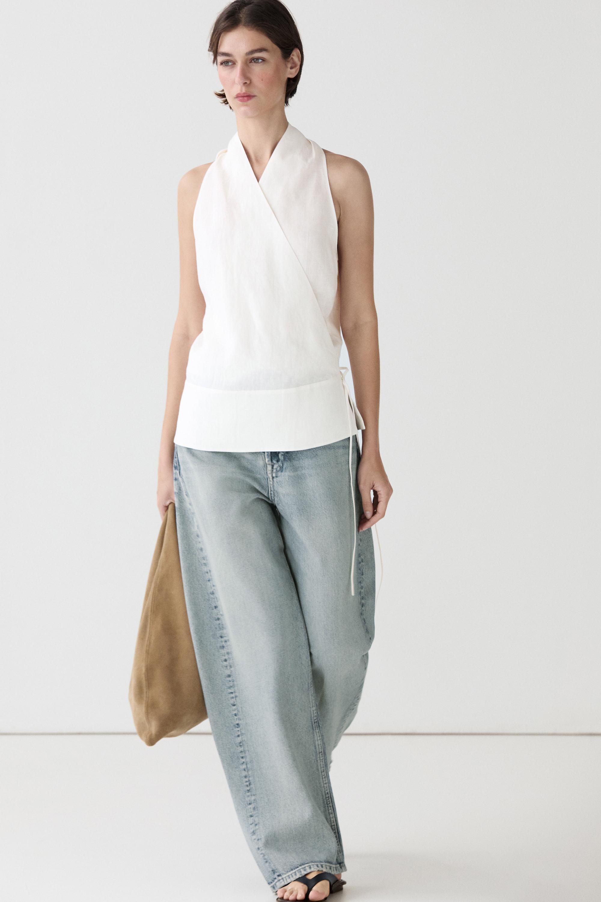 100% linen surplice top with corset belt detail
